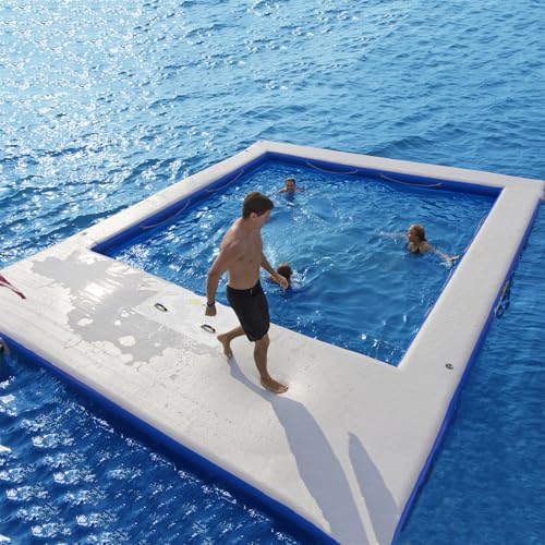 Gueploer Aufblasbare Dockingstation, Tragbare Yacht-Schwimmbad-Freizeitwasser-Freizeitplattform Mit Quallensicherem Netz Für Privates Dock-Yoga,5x5m/16.4x16.4Ft,White von Gueploer