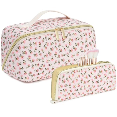 Guiran Reise-Make-up-Taschen-Set, Gesteppte und Niedliche Florale Kosmetiktaschen (2-teilig) mit Großer Kapazität, Tragbare Baumwolltaschen mit Unterteilungen und Griff von Guiran