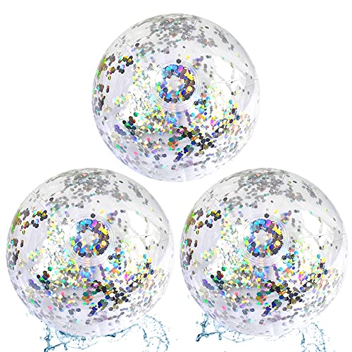 Gukasxi 3 Pcs Aufblasbare Glitter Wasserbälle Strandball Sommer Schwimmball Pailletten Glitzer Beachball Schwimmfähig Wasserspielzeug für Sommeraktivitäten im Freien, Wasserspiele (40cm) von Gukasxi