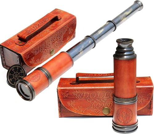 Antikes Teleskop 1920 London Messing Maritim 15x Vintage Piraten Spyglass Teleskop - Funktionales Messing & klare Sicht Piratenteleskop 16 mit hochwertigen Boxen (Teleskop mit Ledertasche) von Gulvintilabcal