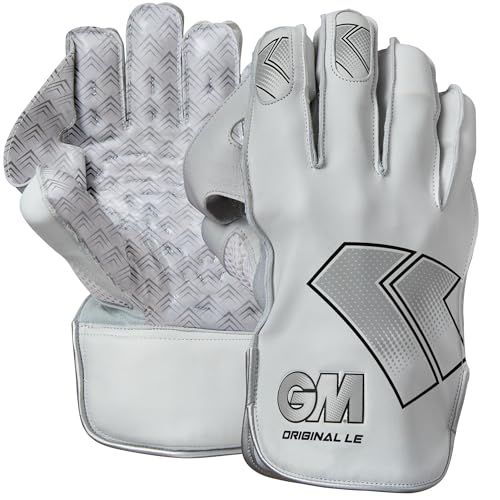 Gunn & Moore GM Cricket-Wicket-Keeper-Handschuhe, Original L.E. | Volllederfutter und Pin-Tuck Teknik Hyper Grip Handfläche | Anilinleder Handrücken | Erwachsene | 1 Paar | Weiß/Schwarz mit GM-Logo von Gunn & Moore