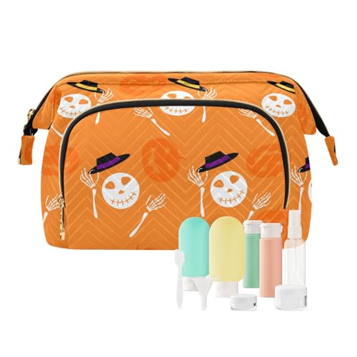 GuoChe Make-up-Tasche, Motiv: Happy Halloween, Kürbisse, wasserdicht, große Kapazität, Reise-Kosmetiktasche, Damen-Münzgeldbörse für Kosmetik-Organizer, Orange, Happy Halloween160, 10.2" x 5.9" x von GuoChe