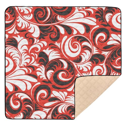 Niedliche, faltbare Baby-Spielmatte für den Boden, 127 x 127 cm, Retro-Blumenmuster, Schwarz / Weiß / Rot, 1-teilige Aktivitätsmatte für Babys, Säuglinge, Kleinkinder von GuoChe