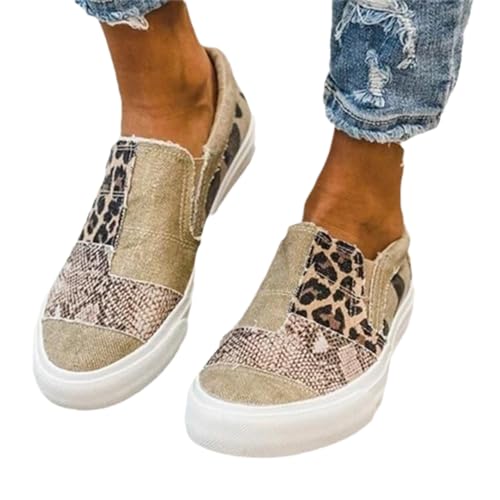 GuyAna Lässige Patchwork-Slipper aus Segeltuch mit rohen Kanten und Animal-Print, Low-Top-Sneakers und Wanderschuhe für Damen (Khaki,40) von GuyAna