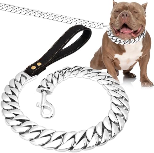 Goldene Hundeleinenkette, 32 Mm Breit Rostfreier Stahl KautschukbestäNdig Hundeleine Aus Kette Mit Griff Aus Pu-Leder FüR GroßE Hunde,B,60CM(24inch) von Gvqng