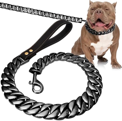 Goldene Hundeleinenkette, 32 Mm Breit Rostfreier Stahl KautschukbestäNdig Hundeleine Aus Kette Mit Griff Aus Pu-Leder FüR GroßE Hunde,E,60CM(24inch) von Gvqng