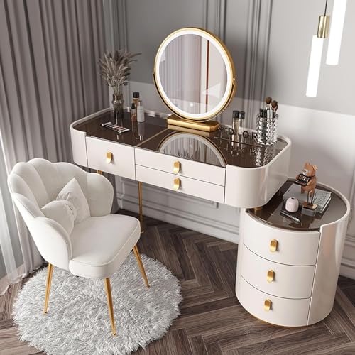 Make-up-Schminktisch mit beleuchtetem Spiegel und Glasplatte, Großes Schminktisch-Set mit Schubladen, Beistellschrank und Stuhl, 3 Beleuchtungsfarben Schminktisch mit Lichtern,Weiß,100cm/39.3in Make-up-Schminktisch mit beleuchtetem Spiegel und Glasplatte, Großes Schminktisch-Set mit Schubladen, Beistellschrank und Stuhl, 3 Beleuchtungsfarben Schminktisch mit Lichtern,Weiß,100cm/39.3in von Gvqng