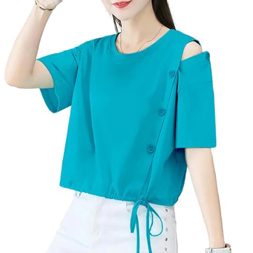 Gyios t Shirt Damen Tops Frau Solide Kurze Ärmel Baumwoll Baggy T -Shirt Für Frauen -Sommer -Outfit Von Schultermodischen Frauenkleidung-blaues T-Shirt-m von Gyios
