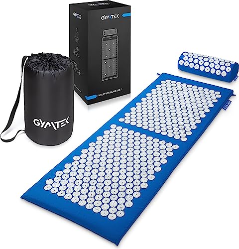 Gymtek Akupressurmatte mit Kissen, Massagematte, Akupunktur Matte 118x46,5x2 cm mit Akupressur Kissen 37x13x9,5cm, Akupressurkissen und Akkupressmatte, Massage Matte zur Muskelentspannung, Blau von Gymtek