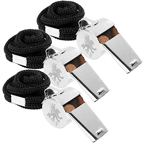 H&S Edelstahl Trillerpfeife mit Schwarzem Band - 3er Set - Metall Pfeife für Sport Trainer, Lehrer, Schiedsrichter & Kinder - Trillerpfeife Metall Sport - Schiedsrichterpfeife Edelstahl - Whistle von H&S