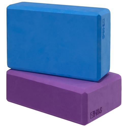 H&S Hochstabiler Yoga Block - 2er Set - Moosgummi Schaumstoff Fitness Klotz in Blau und Lila - Pilates Gymnastik Zubehör & Spagat Blöcke gegen Muskelschmerzen und Stress von H&S