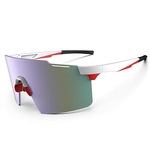 Fahrradbrille für Herren und Damen, Sport-Sonnenbrille, TR90, rahmenlose Fahrradbrille, MTB-Brille, Laufen, Fahren, Reiten, Golf, Weiß, Rot und Hellviolett von HAAYOT