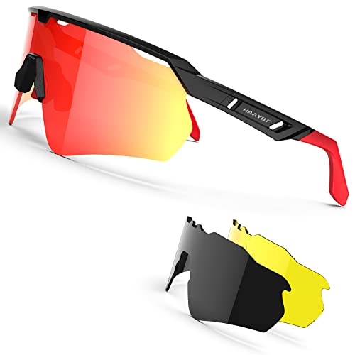 HAAYOT Polarisierte Radsportbrille für Männer Frauen Sport-Sonnenbrille mit 3 Gläsern TR90 Rahmen MTB-Brille Mountainbike-Brille Laufen Angeln Fahren Radfahren, Glänzend Schwarz & Rot von HAAYOT