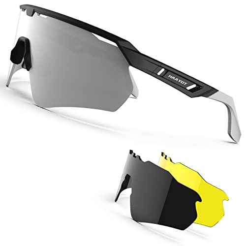 HAAYOT Polarisierte Radsportbrille für Männer Frauen Sport Sonnenbrille mit 3 Gläsern TR90 Rahmen MTB Brille Mountainbike Brille Laufen Fischen Fahren Radfahren, Matt Schwarz & Silber von HAAYOT