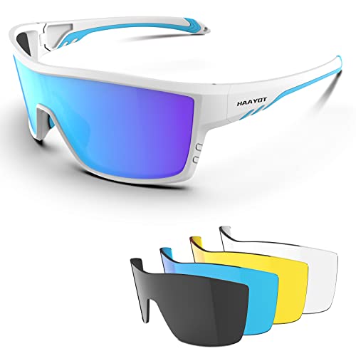 HAAYOT Polarisierte Radsportbrille für Männer Frauen Sport-Sonnenbrille mit 5 Gläsern TR90 Rahmen MTB Brille Mountainbike Brille Laufen Angeln Wandern, Glänzend Weiß & Eisblau von HAAYOT