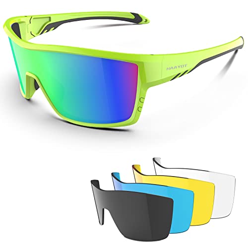 HAAYOT Polarisierte Radsportbrille für Männer Frauen Sport Sonnenbrille mit 5 Gläsern TR90 Rahmen MTB Brille Mountainbike Brille Laufen Angeln Wandern, glänzend Grün & Grün von HAAYOT
