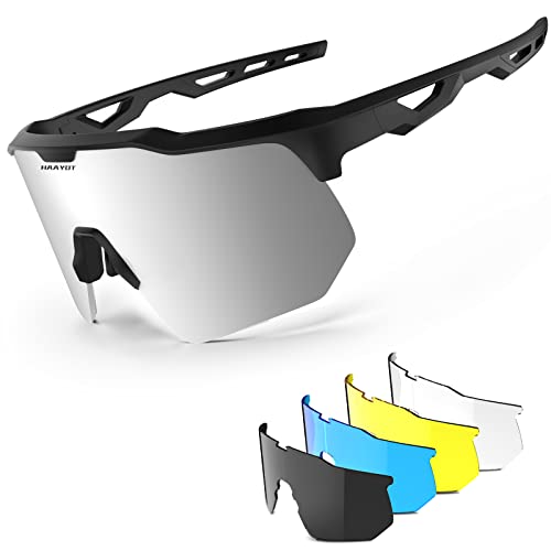 HAAYOT Polarisierte Radsportbrille für Männer Frauen Sport-Sonnenbrille mit 5 Gläsern TR90 Rahmen Mountainbike Brille MTB Brille Laufen Angeln Wandern, Matt Schwarz & Silber von HAAYOT