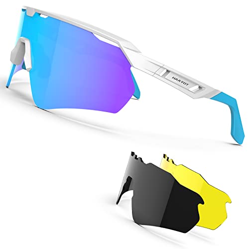 HAAYOT Polarisierte Radsportbrille für Männer Frauen Sportliche Sonnenbrille mit 3 Gläsern TR90 Rahmen MTB Brille Mountainbike Brille Laufen Fischen Fahren Radfahren, Glänzend Weiß & Eisblau von HAAYOT
