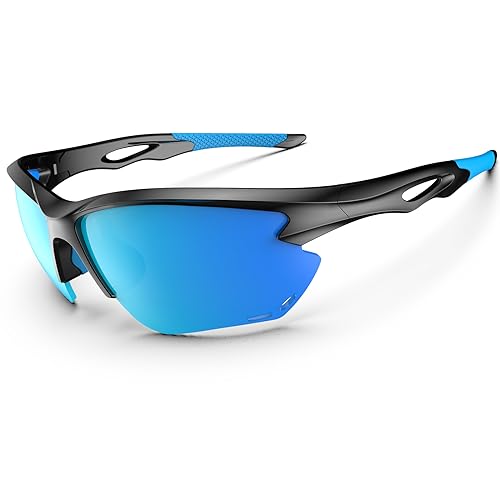 Polarisierte Sonnenbrille für Herren und Damen, Fahrradbrille, Sport-Sonnenbrille, leicht, langlebig, flexibel, TR90-Rahmen, MTB-Brille, Angeln, Fahren, Laufen, glänzendes Schwarz und Eisblau von HAAYOT