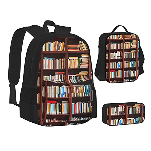 HAHAFU Bücher-Schulrucksack-Set mit isolierter Lunchtasche, leichtes Federmäppchen, bedrucktes Polyester, Laptop-Rucksack, Schwarz , Einheitsgröße von HAHAFU