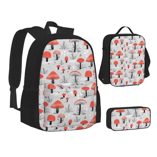 HAHAFU Cartoon-Pilz-Schulrucksack-Set mit isolierter Lunchtasche, leichtes Federmäppchen, bedrucktes Polyester, Laptop-Rucksack, Schwarz , Einheitsgröße von HAHAFU