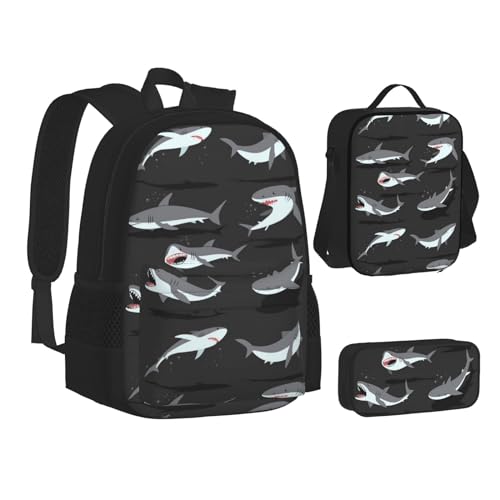 HAHAFU Fisch-Schulrucksack-Set mit isolierter Lunchtasche, leichtes Federmäppchen, bedrucktes Polyester, Laptop-Rucksack, Schwarz , Einheitsgröße von HAHAFU