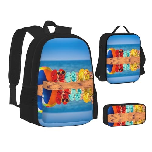 HAHAFU Flip-Flops On A Sandy Beach Schulrucksack-Set mit isolierter Lunchtasche, leichtes Federmäppchen, bedrucktes Polyester, Laptop-Rucksack, Schwarz , Einheitsgröße von HAHAFU
