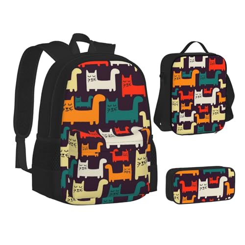 HAHAFU Katzen-Schulrucksack-Set mit isolierter Lunchtasche, leichtes Federmäppchen, bedrucktes Polyester, Laptop-Rucksack, Schwarz , Einheitsgröße von HAHAFU