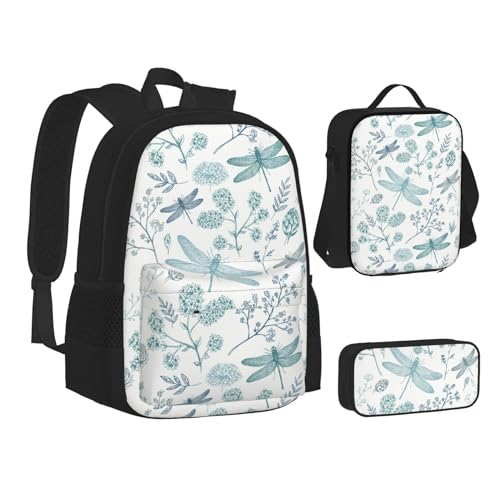 HAHAFU Libellen-Schulrucksack-Set mit isolierter Lunchtasche, leichtes Federmäppchen, bedrucktes Polyester, Laptop-Rucksack, Schwarz , Einheitsgröße von HAHAFU