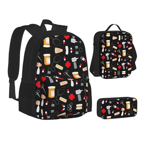 HAHAFU Schulrucksack-Set mit Cartoon-Medizin-Muster, isolierte Lunchtasche, leichtes Federmäppchen, bedrucktes Polyester, Laptop-Rucksack, Schwarz , Einheitsgröße von HAHAFU