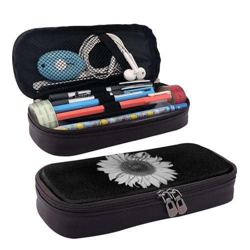 HAHAFU Schwarzes Federmäppchen mit Sonnenblumen-Motiv für Mädchen und Jungen, Leder, personalisierbar, großes Schreibwaren-Federmäppchen mit Fächern., Schwarz , Einheitsgröße, Taschen-Organizer von HAHAFU