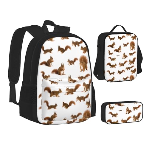 HAHAFU Süßes Eichhörnchen-Schulrucksack-Set mit isolierter Lunchtasche, leichtes Federmäppchen, bedrucktes Polyester, Laptop-Rucksack, Schwarz , Einheitsgröße von HAHAFU