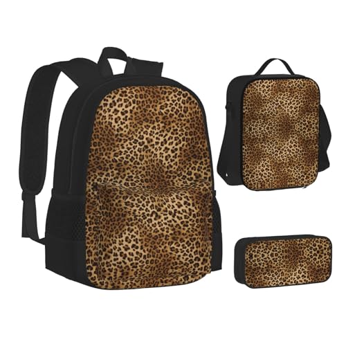 HAHAFU Süßes Leoparden-Schulrucksack-Set mit isolierter Lunchtasche, leichtes Federmäppchen, bedrucktes Polyester, Laptop-Rucksack, Schwarz , Einheitsgröße von HAHAFU