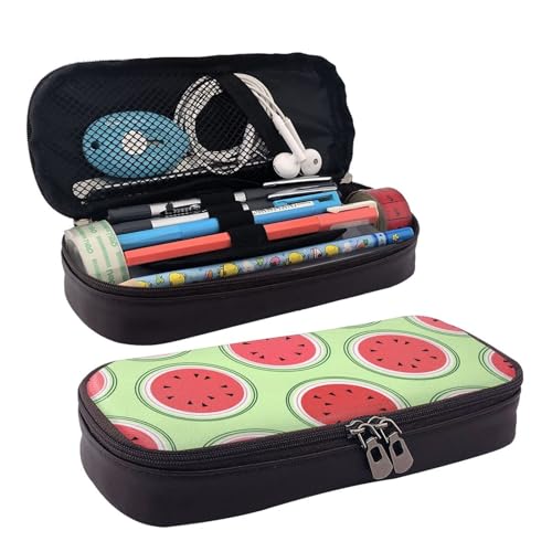 HAHAFU Wassermelonen-grünes Leder-Federmäppchen für Mädchen und Jungen, personalisierbarer Druck, großes Schreibwaren-Federmäppchen mit Fächern., Schwarz , Einheitsgröße, Taschen-Organizer von HAHAFU