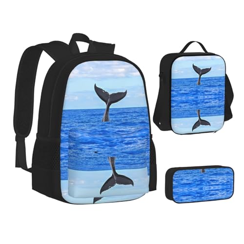HAHAFU Whale Tail Schulrucksack-Set mit isolierter Lunchtasche, leichtes Federmäppchen, bedrucktes Polyester, Laptop-Rucksack, Schwarz , Einheitsgröße von HAHAFU