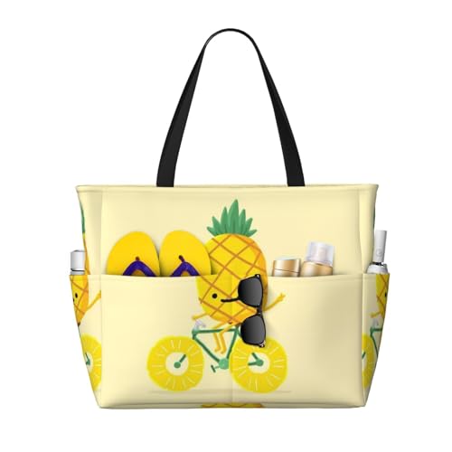 Pineapple Fahrrad-Strandtasche, Reisetasche, großes Fassungsvermögen, mehrere Taschen, bedruckt, leicht, bequem, Polyester, Outdoor-Tasche, Schwarz , Einheitsgröße von HAHAFU