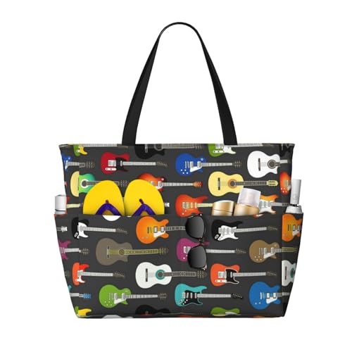 Strandtasche für Akustik- und Gitarren, großes Fassungsvermögen, mehrere Taschen, bedruckt, leicht, bequem, Polyester, Outdoor-Tasche, Schwarz , Einheitsgröße von HAHAFU