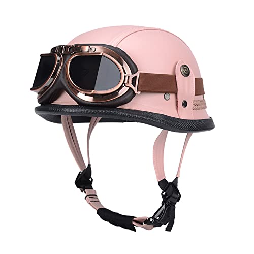 Open-Face Motorradhelme Vintage Leder Motorradhelm mit Brille, hübscher und sicherer Helm für Damen und Herren (Rosa, L) von Homry