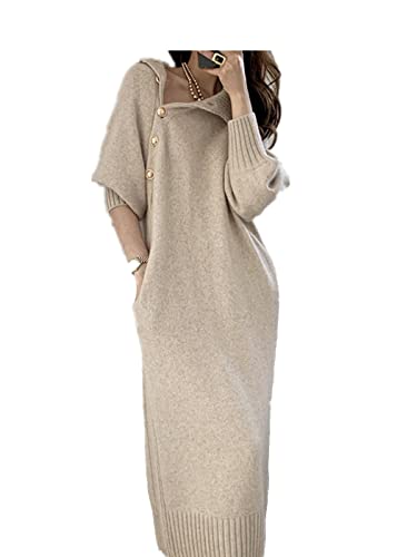 HAIBI Damen Langarm Kleid Elegante Gürtel Pullover Kleider Damen Casual Langarm Warmes Partykleid Winter Rollkragen Lose Strick Langes Kleid,Beige,M von HAIBI