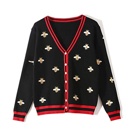 HAIBI Damen Strickjacke Mode Bienenstickerei Strickjacke Langarm Einreiher Kontrastfarbe Knopf Strickpullover,Schwarz,M HAIBI Damen Strickjacke Mode Bienenstickerei Strickjacke Langarm Einreiher Kontrastfarbe Knopf Strickpullover,Schwarz,M von HAIBI