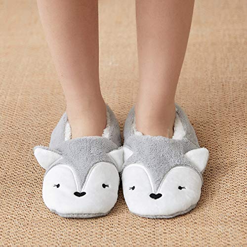 HAIBI Hausschuhe Socken Frauen Grau Fuchs Hausschuhe Gemütliche Weiche Hausschuhe Mädchen Indoor Warme Flauschige Hausschuhe Plüsch Non Slip Hausschuhe Socken, 5,5 von HAIBI