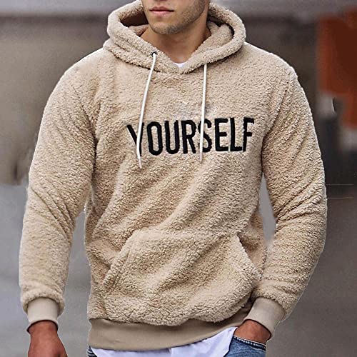 Herren Hoodie Pullover Warme Herren-Woll-Kapuzenpullis Briefdruck-Kapuzenpullover Känguru-Taschen-Fleece-Sweatshirts,Khaki,S Herren Hoodie Pullover Warme Herren-Woll-Kapuzenpullis Briefdruck-Kapuzenpullover Känguru-Taschen-Fleece-Sweatshirts,Khaki,S von HAIBI