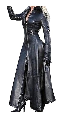 HAIYANG Kunstleder Damen PVC Leder Matrix Mantel Sexy Festliche Lange Jacke Kostüm Revers Langarm Party Karneval Glänzender Mantel Reißverschluss (Color : Noir, Size : M) von HAIYANG