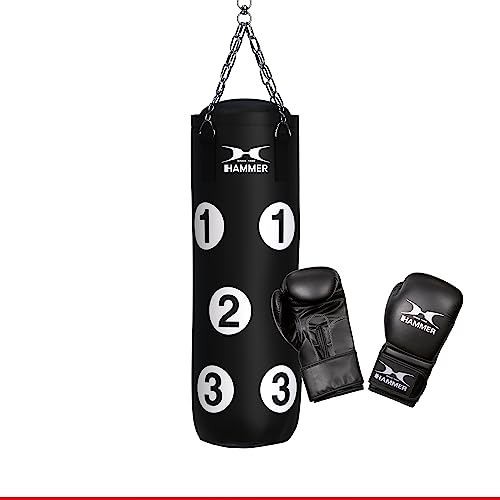 Hammer Box Set Sparring – Boxsack gefüllt 80 cm mit nummerierten Trefferflächen + Boxhandschuhe 10 oz – Inkl. Drehwirbel für sichere Aufhängung Hammer Box Set Sparring – Boxsack gefüllt 80 cm mit nummerierten Trefferflächen + Boxhandschuhe 10 oz – Inkl. Drehwirbel für sichere Aufhängung von HAMMER