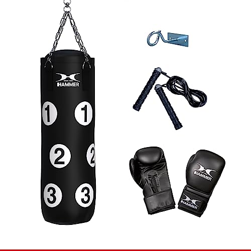 HAMMER Box-Set Sparring Professional - Boxsack Set, Gefüllt, 80 cm, nummeriert mit Trefferflächen, Boxhandschuhe 10 oz, Springseil, Profi-Deckenhacken, Boxtraining-DVD von HAMMER