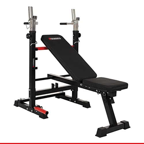 HAMMER Hantelbank Force 4.0 mit Rack, Hantelbank klappbar, Schrägbank, Flachbank, max. 180 kg Körpergewicht, Dipgriffe, Langhantelablage - Trainingsbank Hantelbank verstellbar Home Gym Bankdrücken von HAMMER