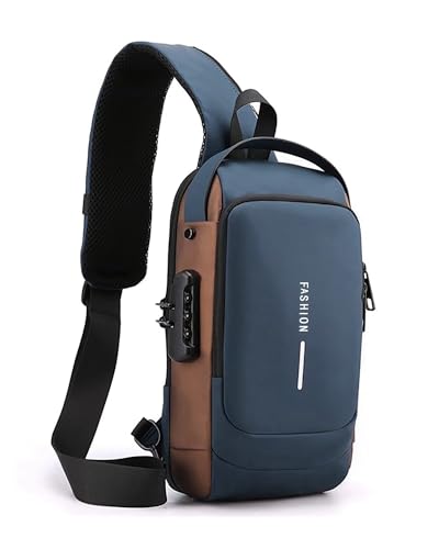 HAN-LBG Umhängetaschen für Männer und Frauen, wasserdichte Brusttasche mit USB-Ladeanschluss Anti-Diebstahl-Schloss Crossbody-Rucksack Flex-Schultertasche für Wandern Radfahren Reisen (Blau-Gold) von HAN-LBG