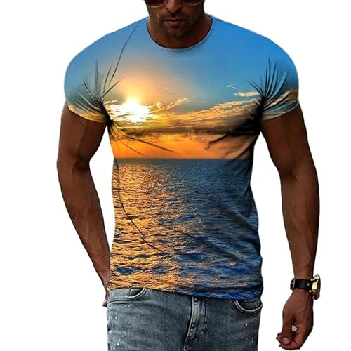 HAN MAN XIU Natürliche Landschaft 3D-Drucken Sonnenuntergang Strand T-Shirt für Jungen und Mädchen lässig lose kurzärmelige Tops von HAN MAN XIU