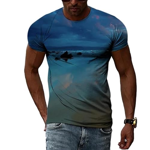 HAN MAN XIU Natürliche Landschaft 3D-Drucken Sonnenuntergang Strand T-Shirt für Jungen und Mädchen lässig lose kurzärmelige Tops von HAN MAN XIU