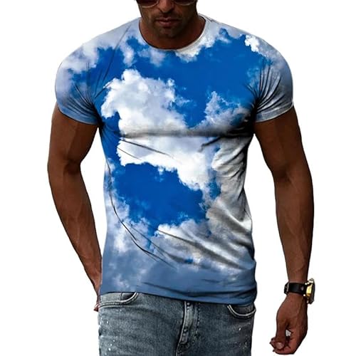 HAN MAN XIU Sommer Neue Blaue Himmel und weiße Wolken Muster 3D T-Shirt Straße Trend Elemente Rundhalsausschnitt Kurze Ärmel Tops von HAN MAN XIU